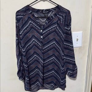 About A Girl Blue Graphic Mandarin Collar Blouse